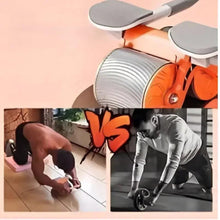 Orange wheel and textured gray roller on white ab roller frame with gray handle pads.
