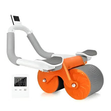 Orange-and-gray ab roller base with white U-frame and two textured wheels.