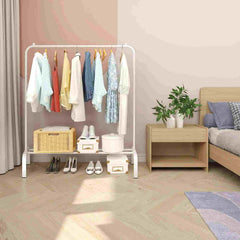 Huitich steel garment rack with shoe shelf holding clothes and shoes in a bedroom setting