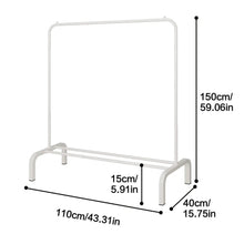 White garment rack frame with dimensions, including lower shoe shelf supports