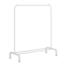 White garment rack frame with top hanging bar and bottom shoe-shelf base
