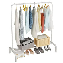 White steel garment rack with hanging rail and lower shoe shelf, baskets and shoes visible