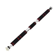 Pull up bar with black padded grips, red bands, and metal end caps