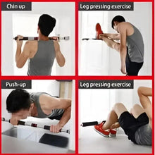Pull up bar with red suspension bands and exercise straps