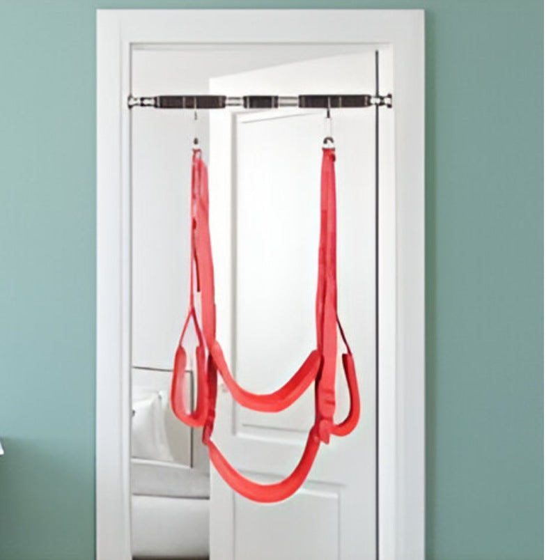 Huitich steel home gym equipment pull up bar with red suspension straps mounted on a white door frame