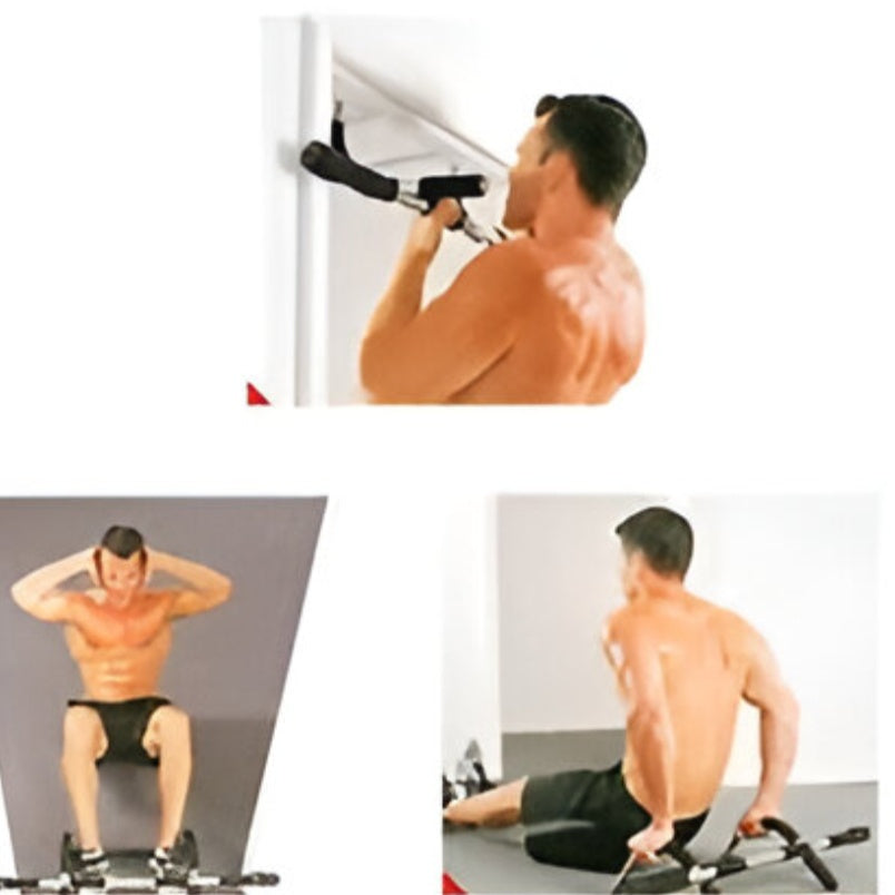 Man using steel push up bars for different exercises including pull ups, sit ups, and dips