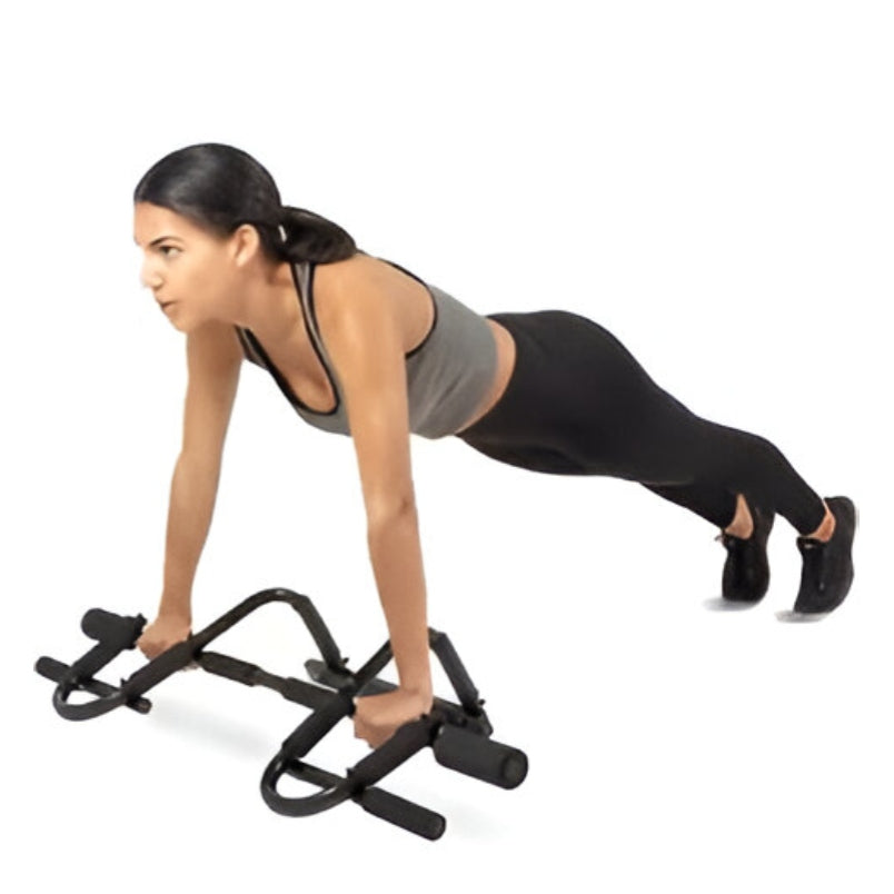 Woman using Huitich steel push up bars performing a push up with black push up stands