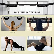 Workout display with multifunction push-up bars and stands, black steel frame