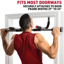 Steel push-up bars set with black handles attached to door frame bars
