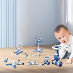 Huitich 6-in-1 STEM robot toy set with blue and white parts and solar panels next to a toddler