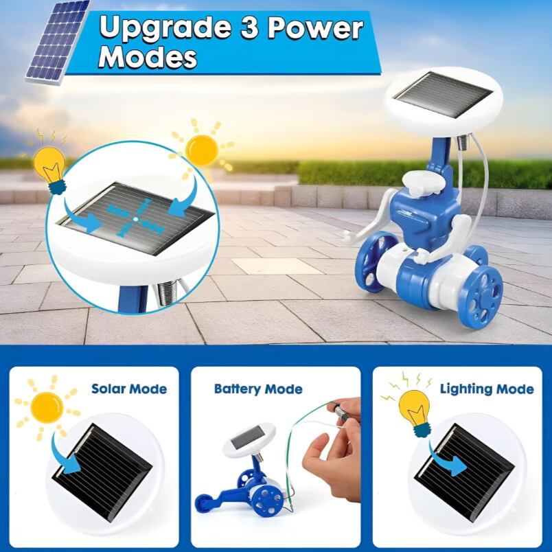 Huitich 6-in-1 STEM robot toy with solar, battery, and lighting power modes shown in outdoor setting