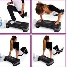 Black step platform showing multiple workout positions for strength and cardio