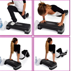 Huitich step platform for home workouts shown with a woman performing various fitness exercises
