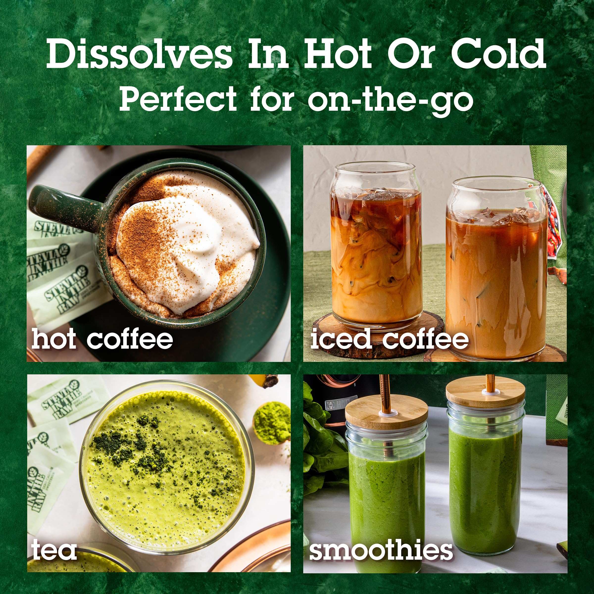 IN THE RAW stevia sugar substitute 100 count packets shown with hot coffee iced coffee tea and green smoothies