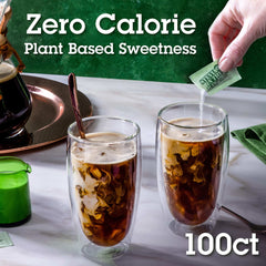 Hand pouring stevia sugar substitute 100 count packet into iced coffee with cream swirl and two glasses