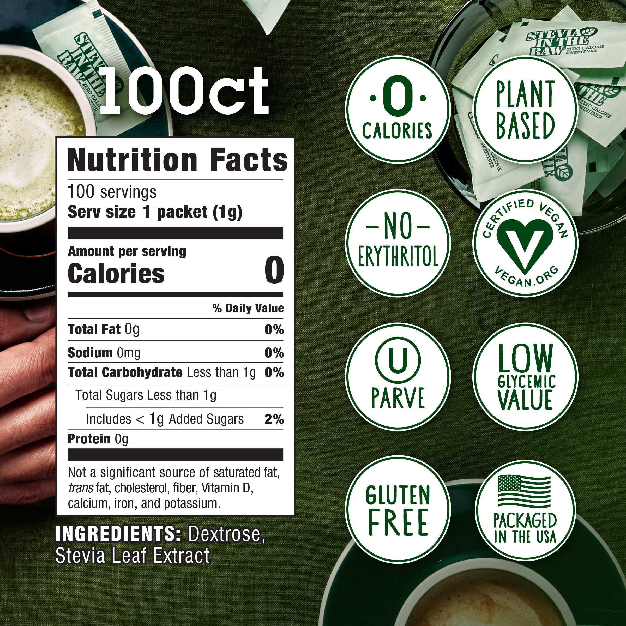 IN THE RAW stevia sugar substitute 100 count packets showing nutrition facts 0 calories plant based