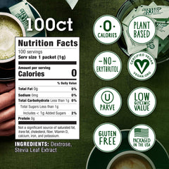 IN THE RAW stevia sugar substitute 100 count packets showing nutrition facts 0 calories plant based