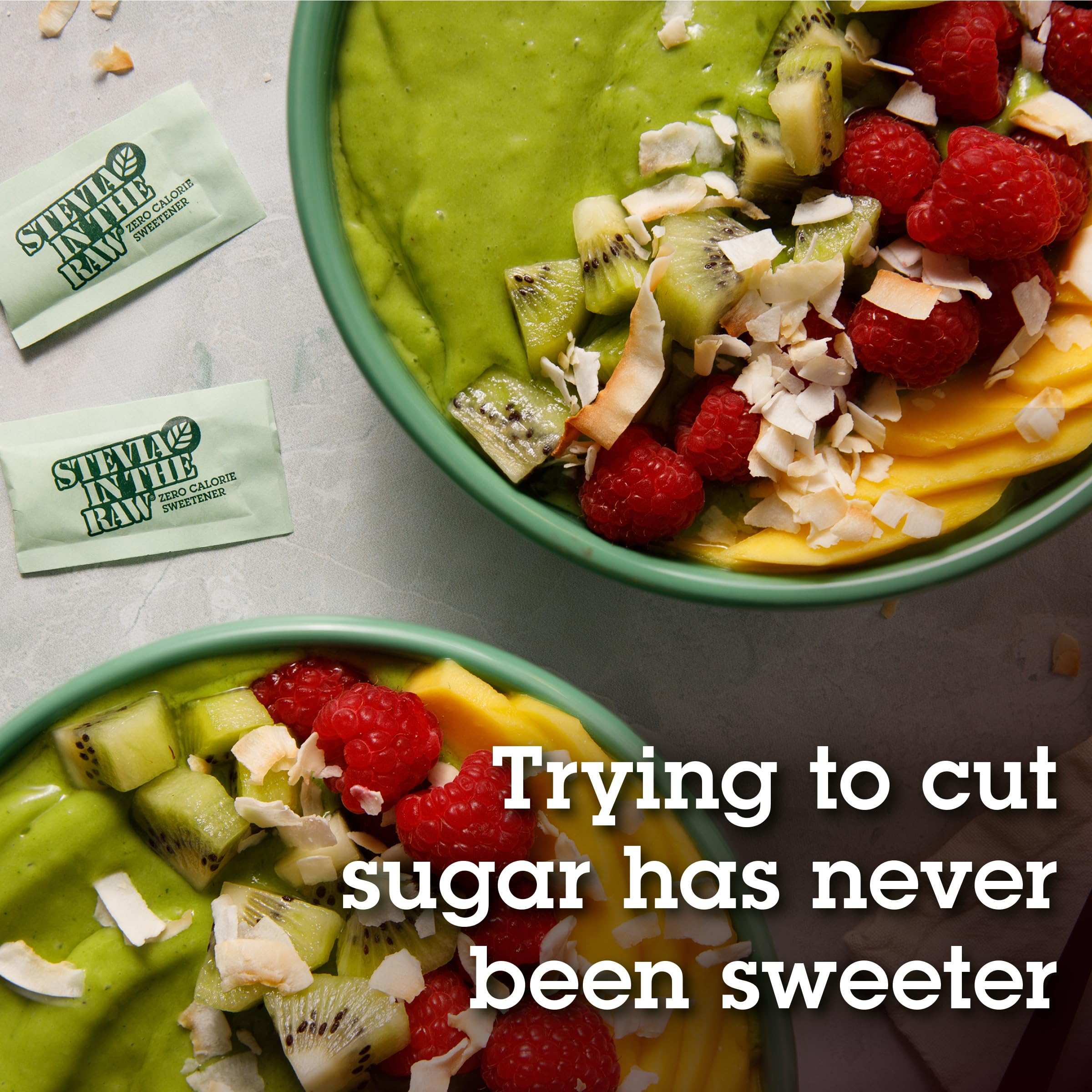 Green smoothie bowls with kiwi raspberries mango coconut flakes and Stevia In The Raw stevia sugar substitute 100 count