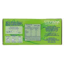 Steviana green box back showing nutrition facts and usage instructions for stevia natural sweetener packets
