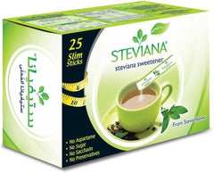 Steviana box of 25 slim sticks with green cup of tea and measuring tape stevia natural sweetener packets