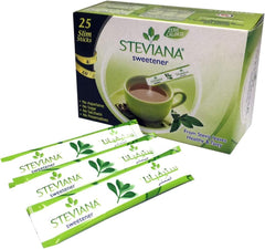 Steviana box of 25 slim sticks with cup of tea and individual packets stevia natural sweetener