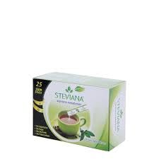 Steviana box of stevia natural sweetener packets showing green tea cup and stevia leaves on front