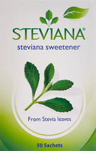 Steviana stevia sweetener sachets pack front with leaf sprigs and “50 Sachets” text