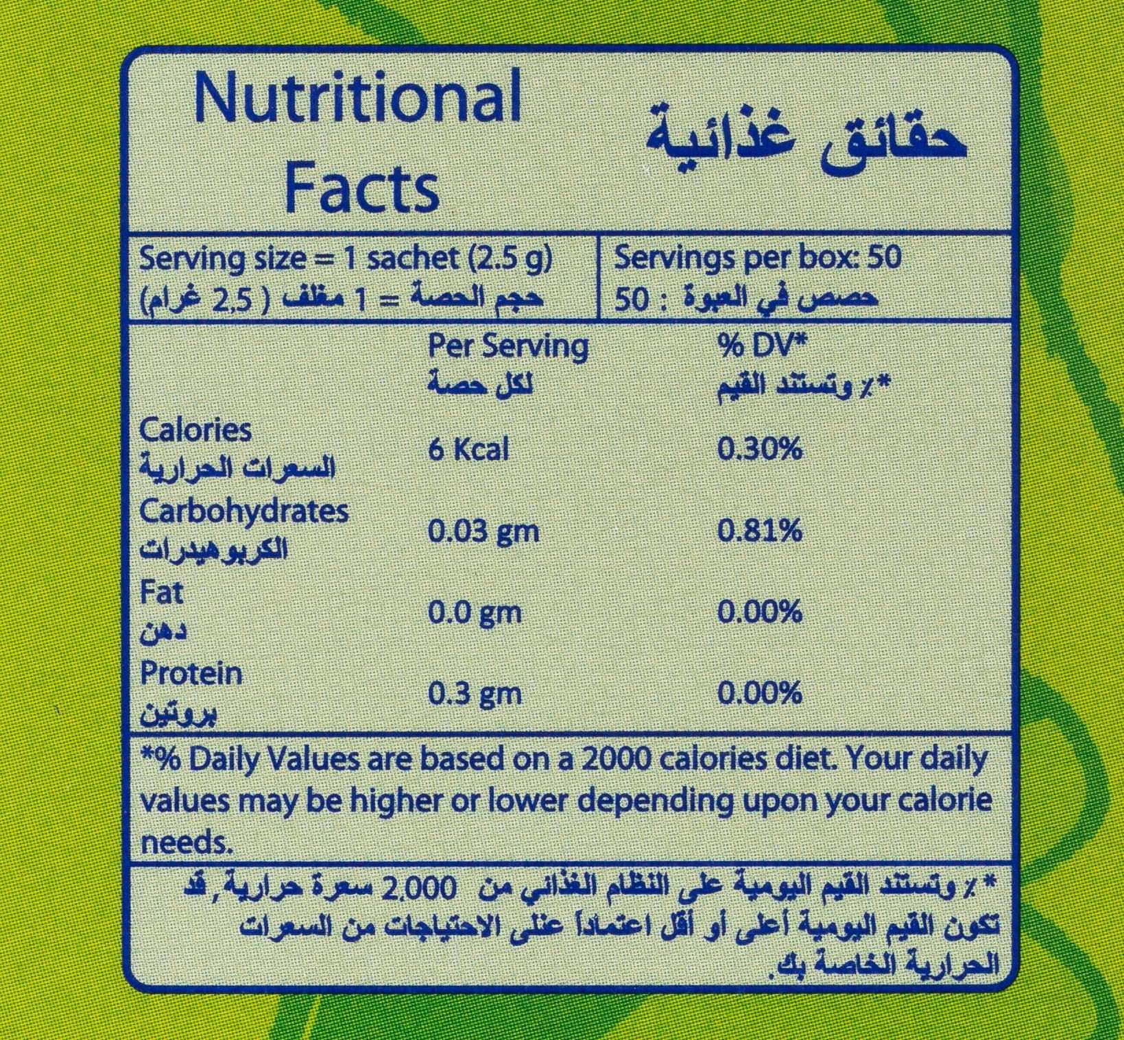 Steviana nutritional facts label showing serving size 1 sachet 2.5g calories 6 carbs 0.03g stevia natural sweetener