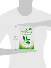 Steviana stevia sweetener sachet box held by person with size measurements