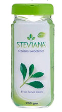 Steviana stevia sweetener jar with green lid, 200 g, label with stevia leaves