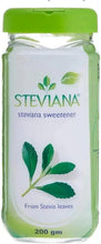 Steviana stevia sweetener bottle, 200 g, front label with stevia leaf graphics