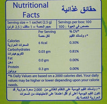 Nutrition facts panel on stevia sweetener sachet box with serving size 2.5 g