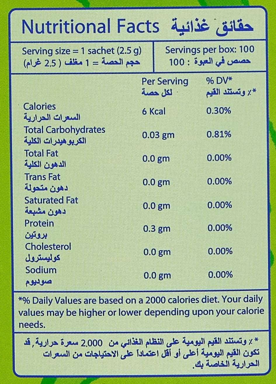 Steviana nutritional facts label for stevia natural sweetener UAE showing per sachet calories carbs protein and serving size