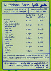 Steviana nutritional facts label for stevia natural sweetener UAE showing per sachet calories carbs protein and serving size