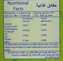 Nutrition facts panel on stevia sweetener sachet box, serving size 1 sachet 2.5 g