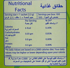 Steviana nutritional facts label showing 1 sachet two and a half grams 6 Kcal serving stevia natural sweetener UAE