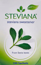 Steviana stevia sweetener pouch box front with green leaf illustration and “100 Sachets”