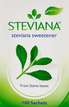 Steviana stevia sweetener pouch box front with green leaf graphics and “100 Sachets”