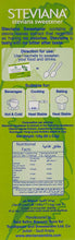 Steviana stevia sweetener sachets back panel with directions, cooking uses, and facts