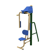 Strength training machine with blue shoulder rollers, padded seat, and green base stand