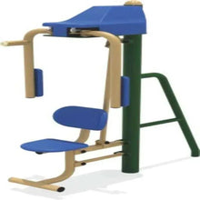 Strength training machine close-up with blue arm pad and two blue exercise seats