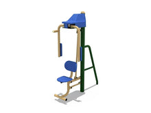 Heavy duty strength training machine with blue pads, beige frame, and green support legs