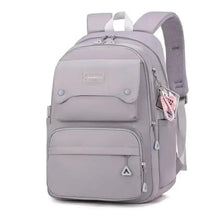 Kids school backpack, light gray with front zipper pockets and adjustable shoulder straps
