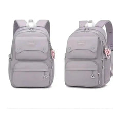 Kids school backpack, two front views in light gray with zip compartments and side zipper