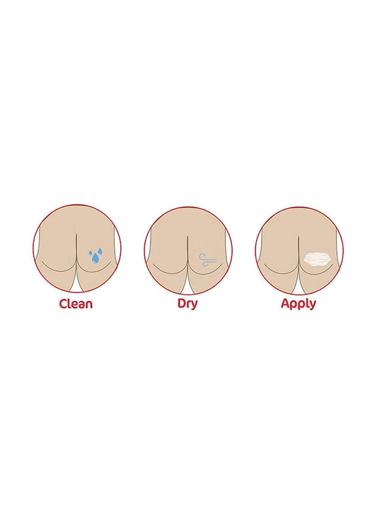 Steps to use Sudocrem antiseptic cream for babies showing clean, dry, and apply stages