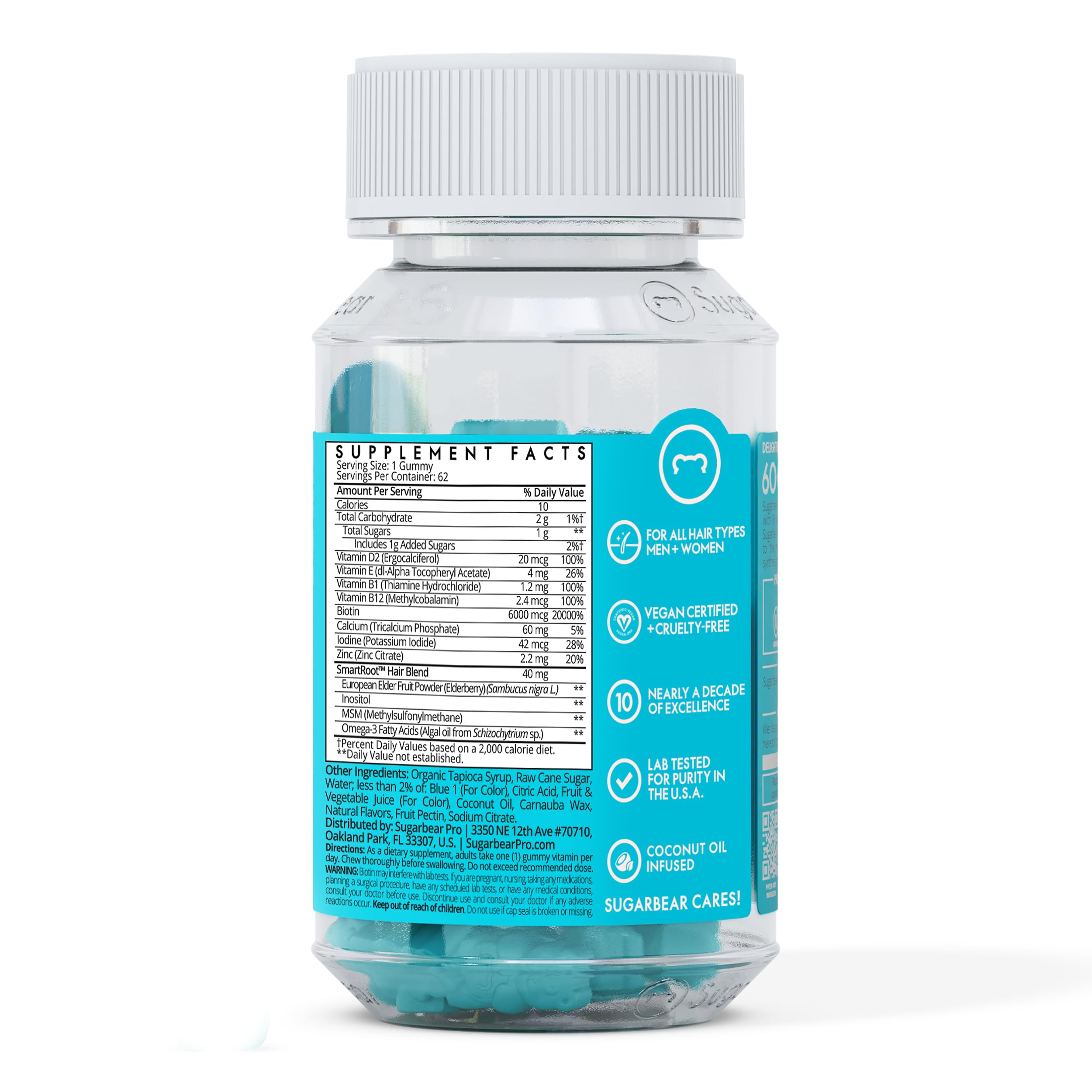 SugarBearHair supplement bottle back label visible with teal vegan hair vitamins gummies inside