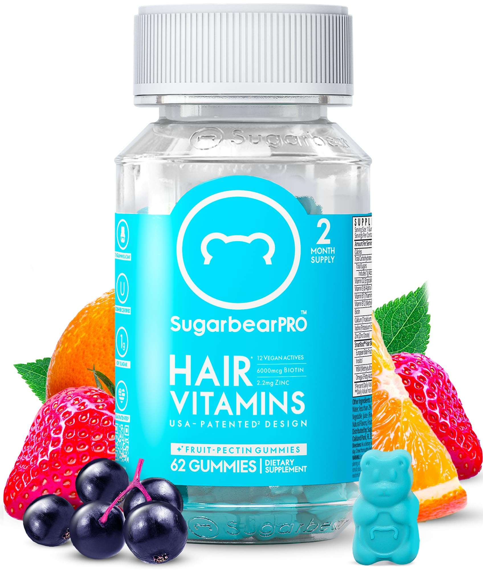 SugarBearHair SugarbearPRO Hair Vitamins bottle with blue gummy bear and fruit slices vegan hair vitamins gummies