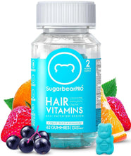 SugarbearPRO Hair Vitamins gummy supplement bottle with teal bear gummies