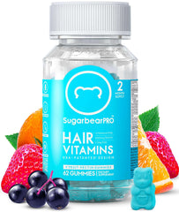 SugarBearHair SugarbearPRO Hair Vitamins bottle with blue gummy bear and fruit slices vegan hair vitamins gummies
