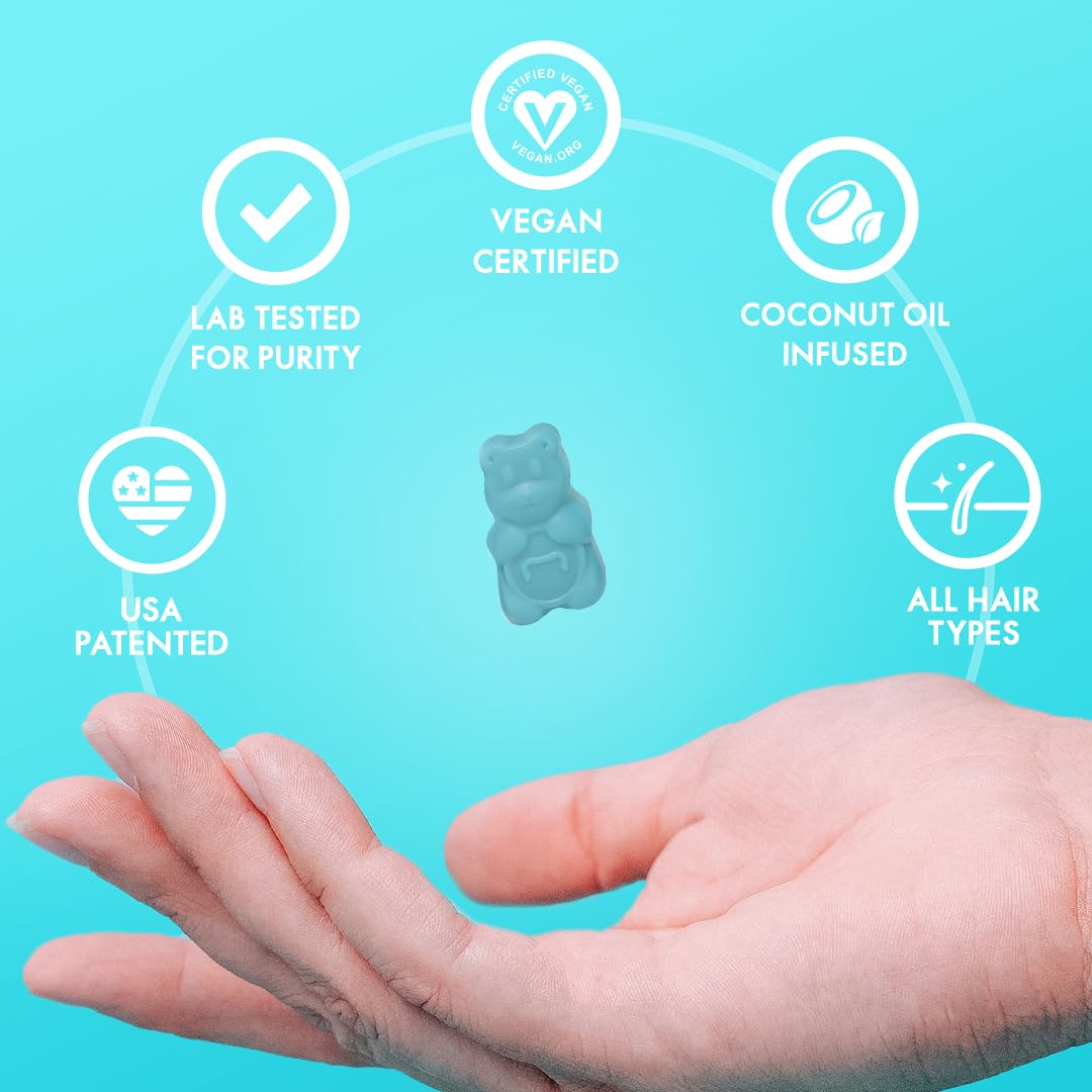 SugarBearHair blue gummy bear floating above open hand with vegan certified coconut oil icons vegan hair vitamins gummies